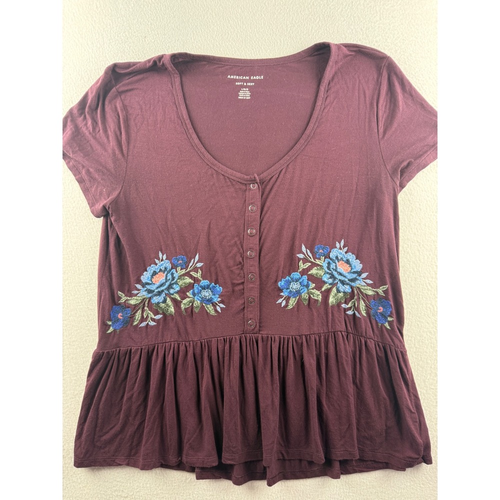 American Eagle Soft & Sexy Burgundy Floral Embroidered Peplum Top Large L